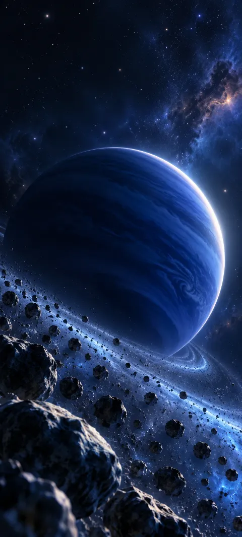 A cobalt planet shows a narrow pale crescent.
