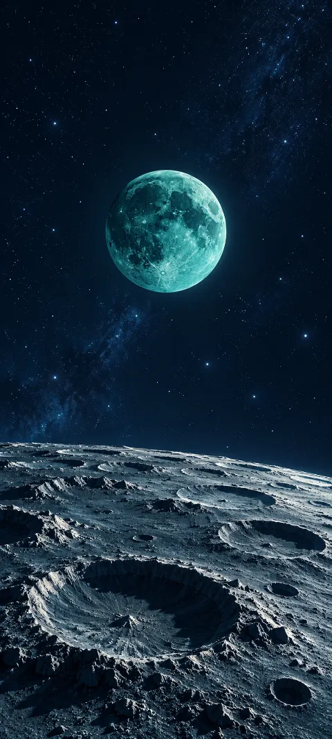 A teal moon above a silver crater plain against a navy star field.