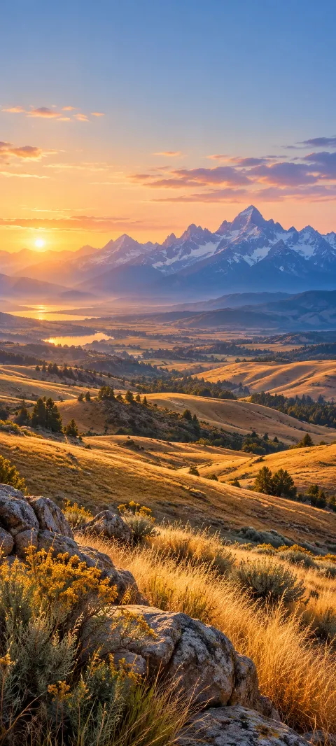 Golden foothills roll toward a distant blue mountain wall.