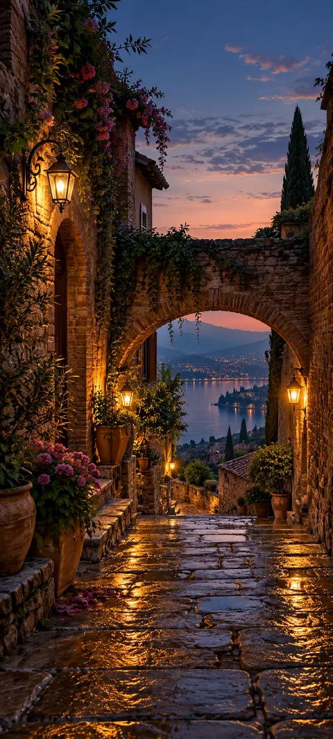 Warm lamps light a wet brick passage above a lakeside town at dusk.