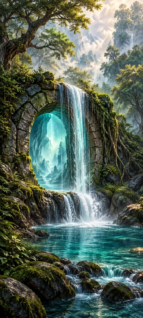 Stone gateway with glowing blue opening behind a waterfall and mossy forest rocks.
