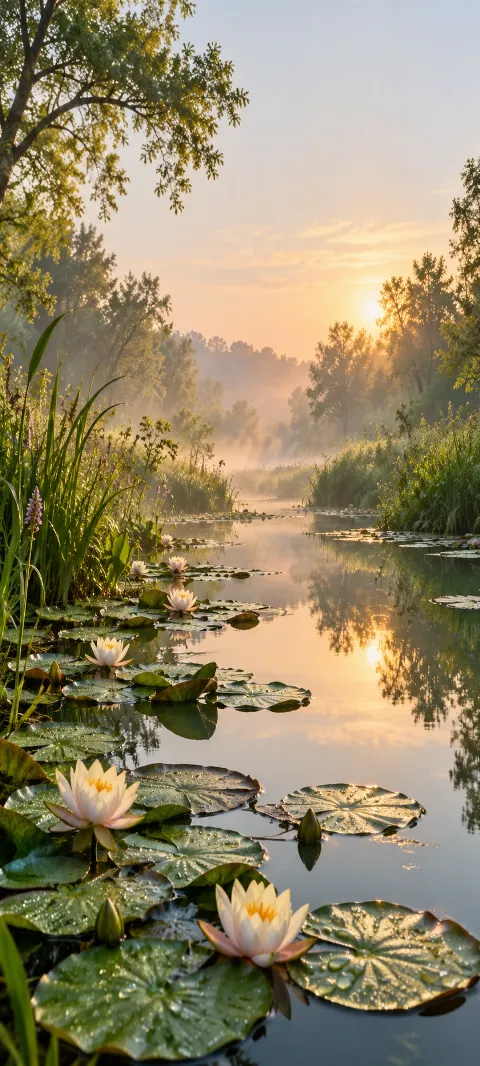 Water lilies float along a narrow green channel.