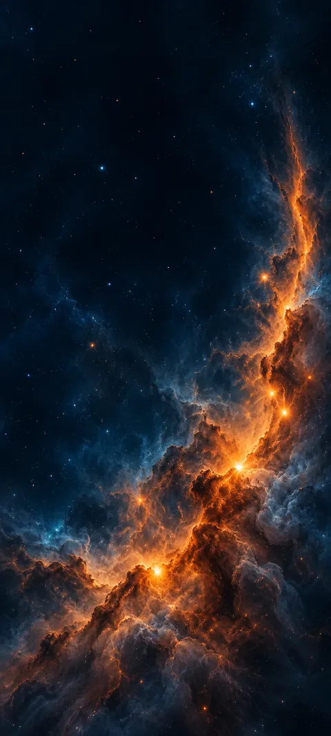 Orange glowing nebula filament against ink blue space with small stars.