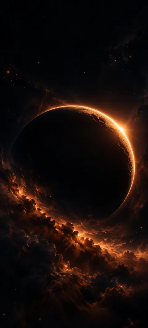 A copper-lit eclipse forms a narrow arc in black space.