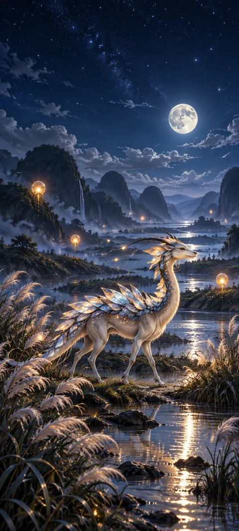 A crystal-backed long-necked creature walks through a moonlit reed valley with glowing orbs.