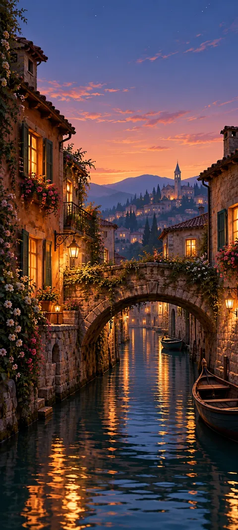 A narrow canal passes below a bridge and warm windows.