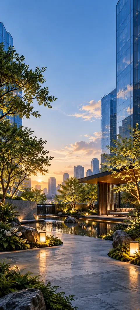 Garden pool and trees between blue glass towers at evening.