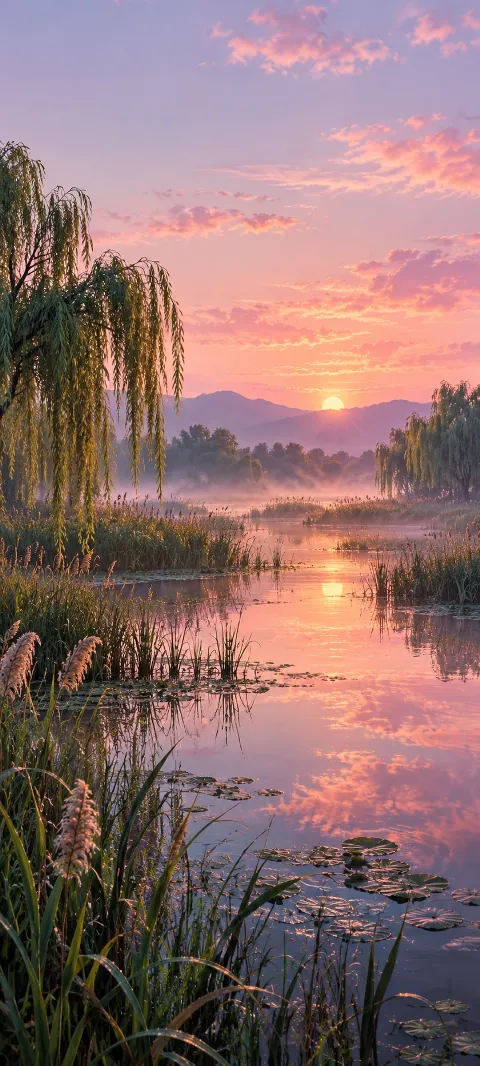 Willows and reeds reflected in a marsh beneath a rose dawn.