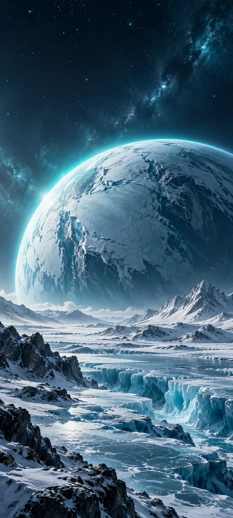 An icy glacier planet catches a cyan halo.
