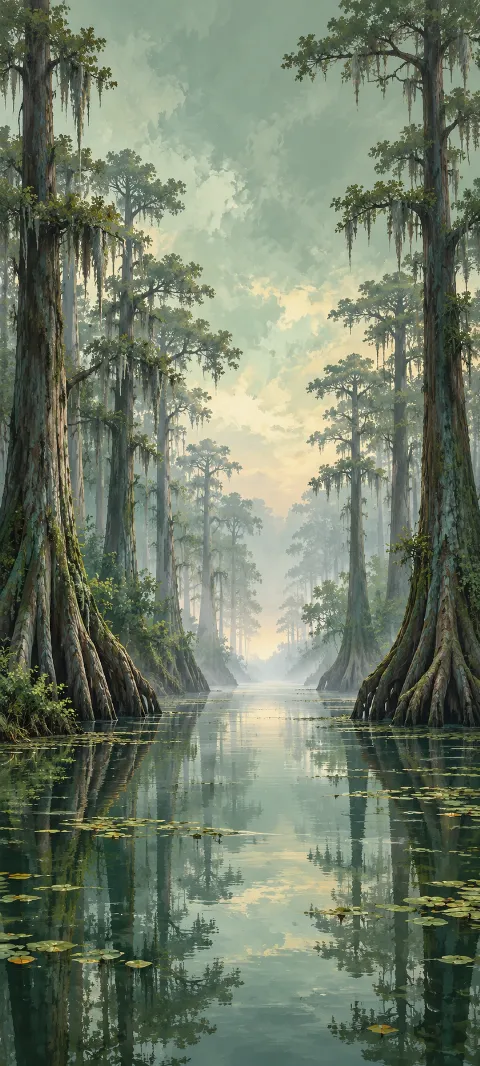 Cypress trees with buttressed roots reflected in a calm misty water channel.