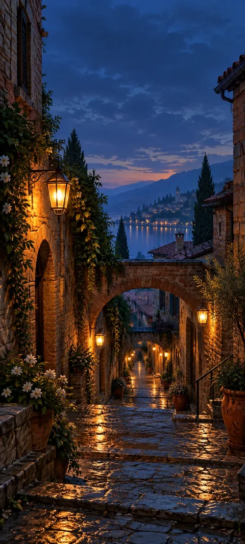 A brick passage glows with lamps and wet stone.