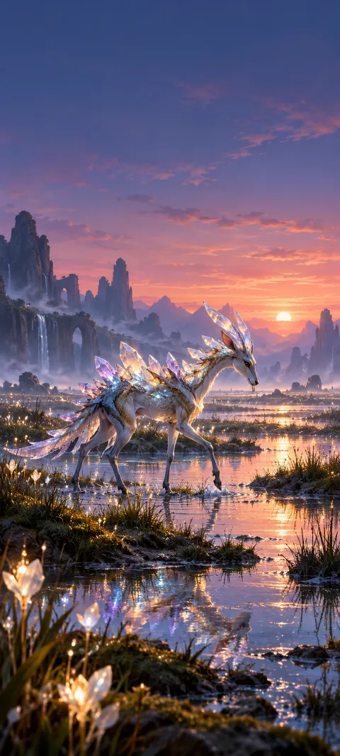 A crystal-backed creature crosses a glowing marsh at sunset.