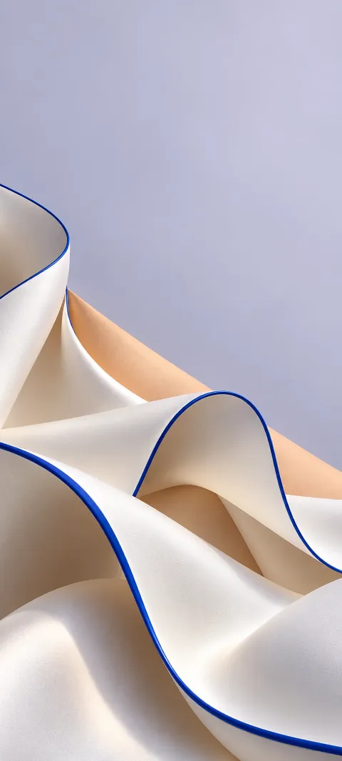 Pearl silicone folds edged in cobalt above a peach plane.