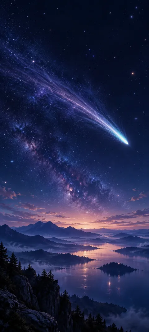 A slender comet crosses an indigo field of sparse stars.
