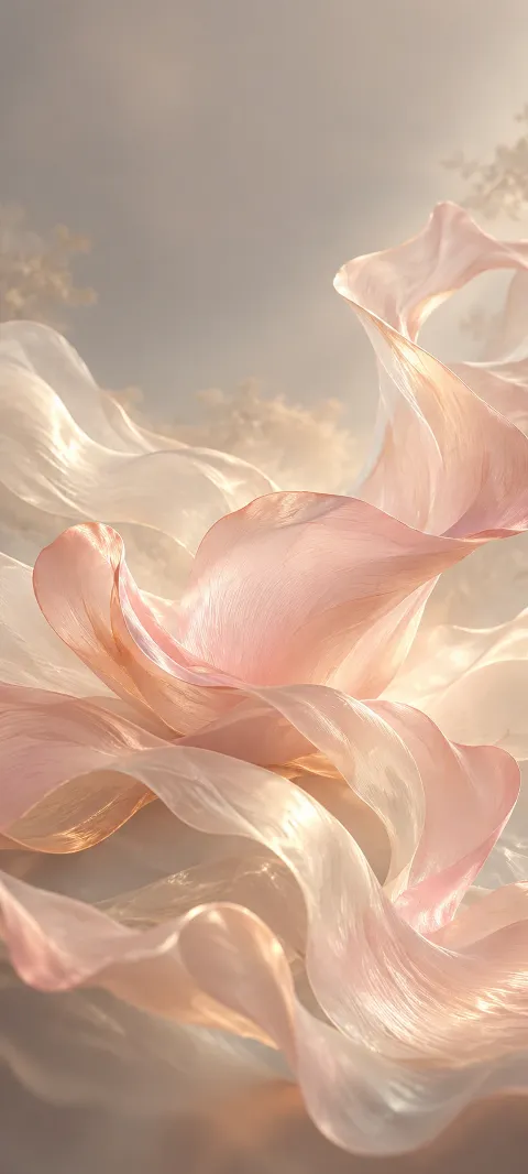 Translucent rose and cream curves against warm gray.