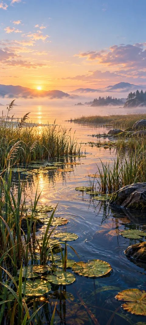 Morning water threads between reeds and floating leaves.