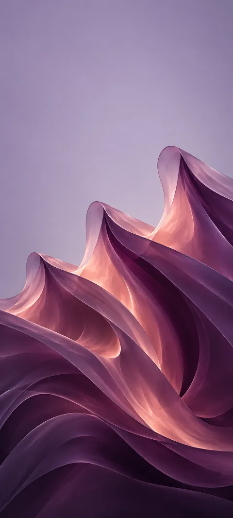 Three translucent plum sculptural folds with rose inner light on a lilac gray background.