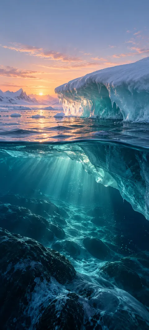 Waves move beneath an arctic ice shelf at sunset.