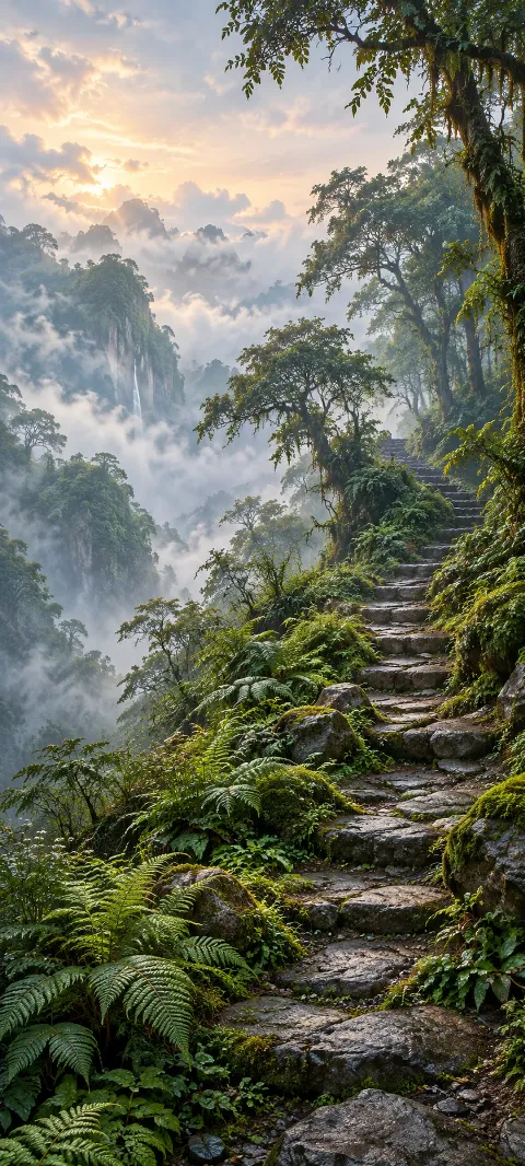 A fern-lined footpath climbs through misty cloud forest light.