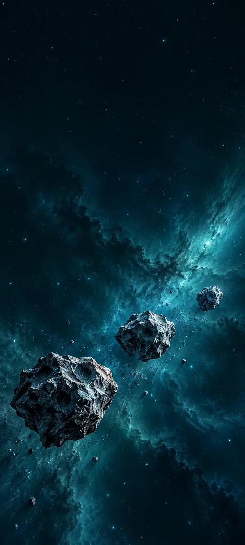 Three silver asteroids and small fragments drifting across a teal nebula.