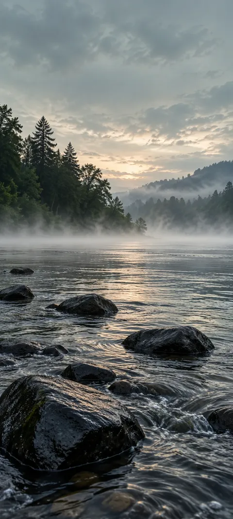 Wet black stones in rippling river water with mist and forest beyond.