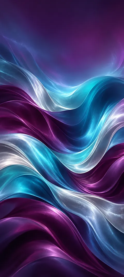 Plum, cyan and silver folds create a soft aurora-like abstraction.