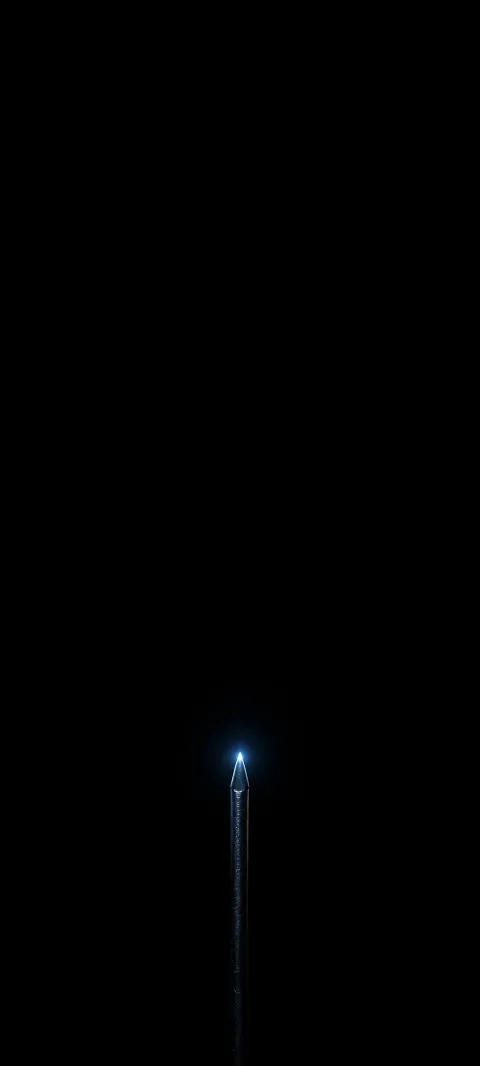 Tiny blue-white glow at the pointed tip of a slender dark pin against black space.