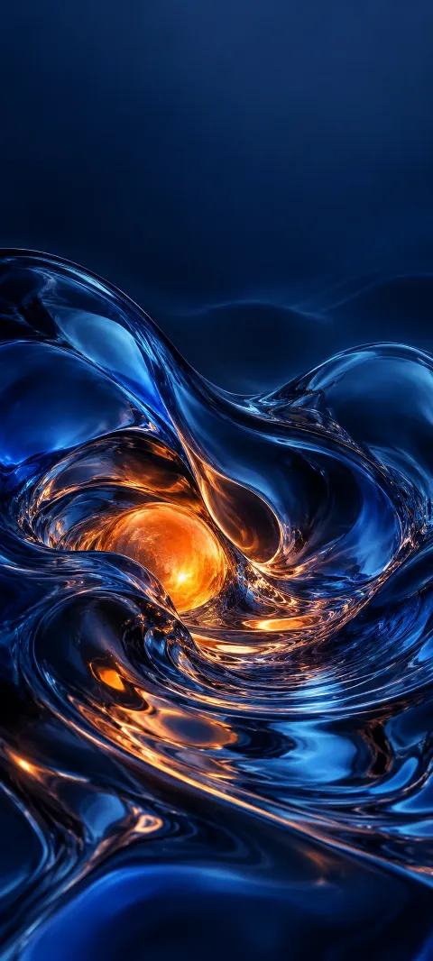 A glowing orange orb nestled within glossy cobalt liquid folds against dark blue.