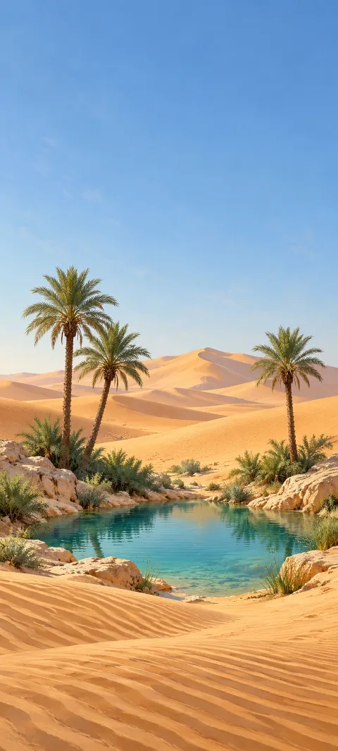 Turquoise desert oasis with three palms, pale rocks and golden dunes.