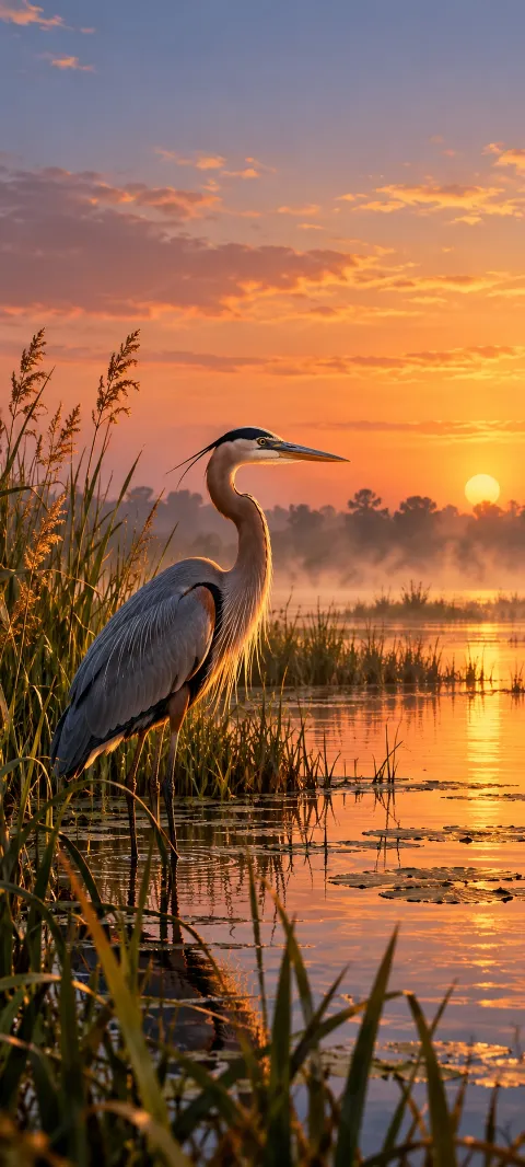 A heron stands among reeds in a quiet marsh.