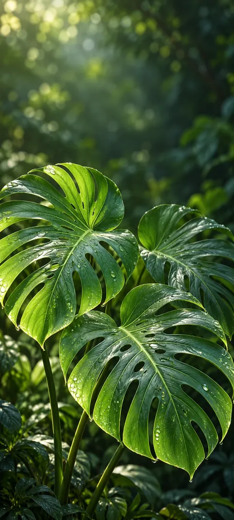 Overlapping green monstera leaves with natural splits and dew in filtered light.