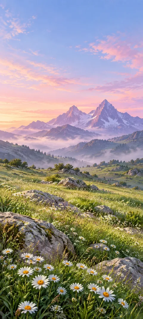 White daisies and meadow rocks beneath two violet mountain peaks at dawn.