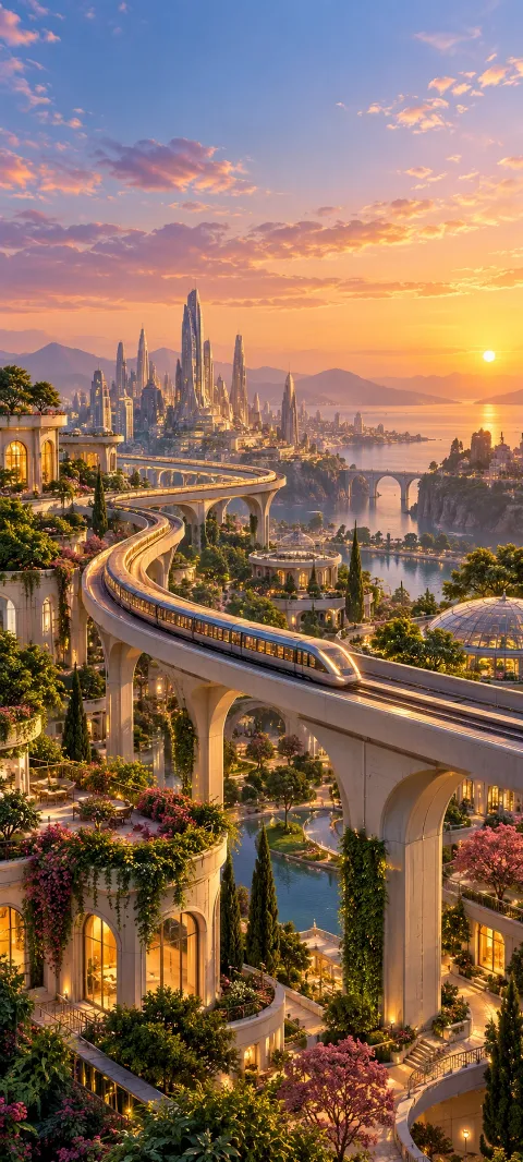 An elevated transit loop sweeps above a garden district.