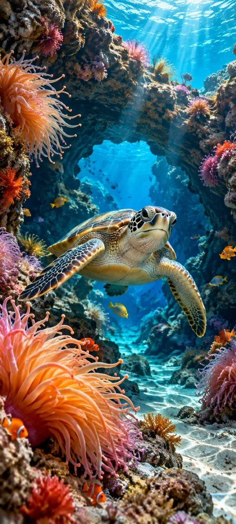 Colorful anemones sway beside a rocky underwater hollow.