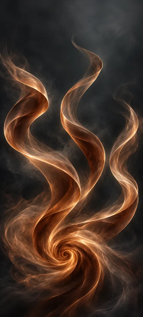 Copper smoke ribbons curl upward from a vortex on a graphite background.