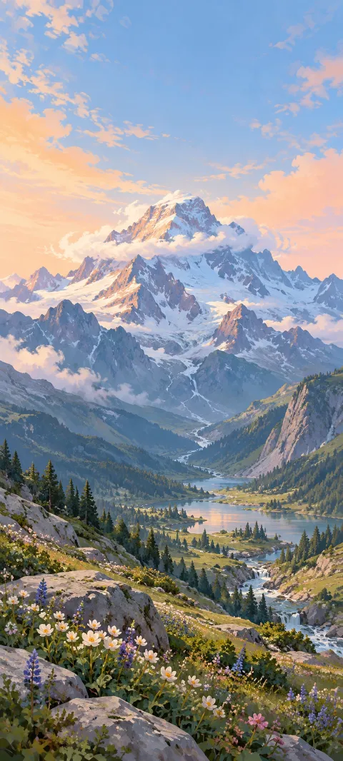 Snowy mountain with a band of cloud above alpine lakes and a wildflower covered valley.