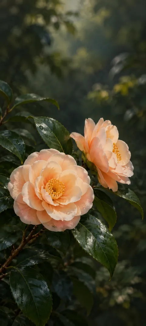 Two peach camellias with gold stamens and dew among dark green leaves.