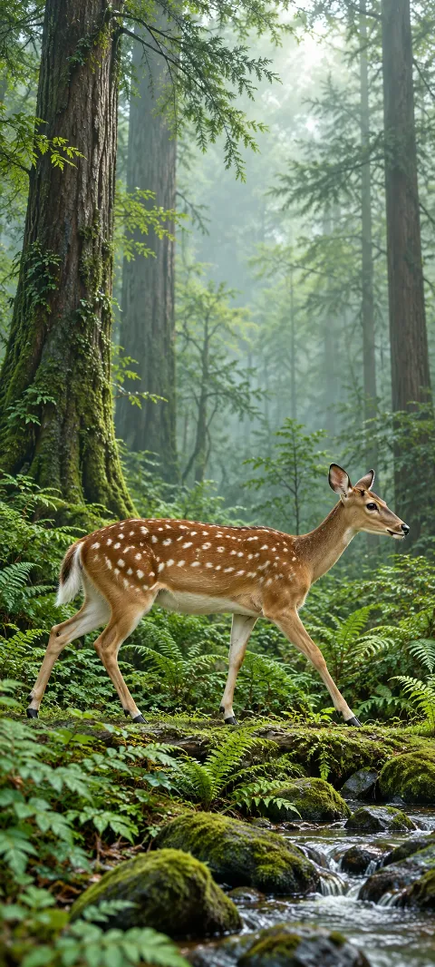 Spotted brown deer walking among ferns beside a small forest stream.