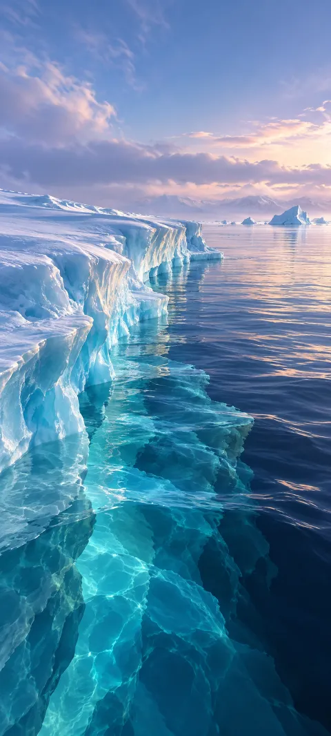 A blue ice shelf and translucent underwater ice border a calm polar sea beneath pink clouds.