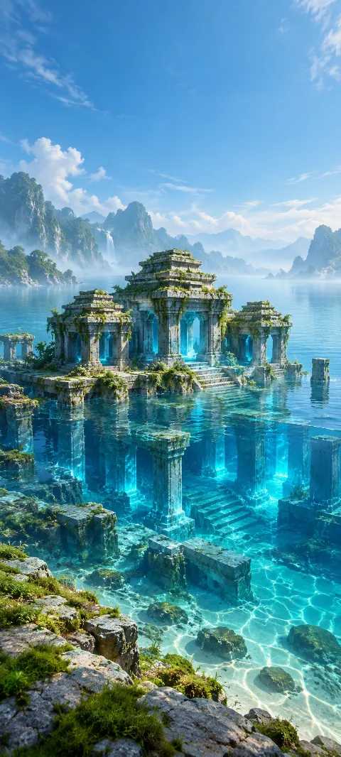Partly submerged stepped temple ruins with glowing turquoise columns.