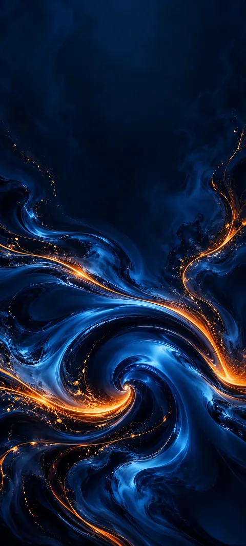 Blue fluid eddy with orange glowing lines against a dark navy background.