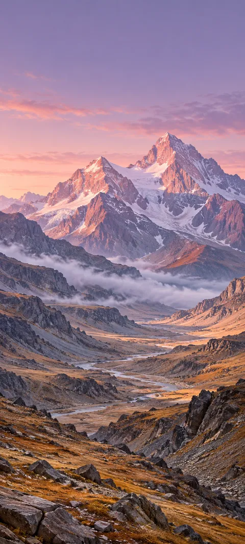 Twin snowy peaks glowing pink above a rocky ochre valley, winding stream and low mist.