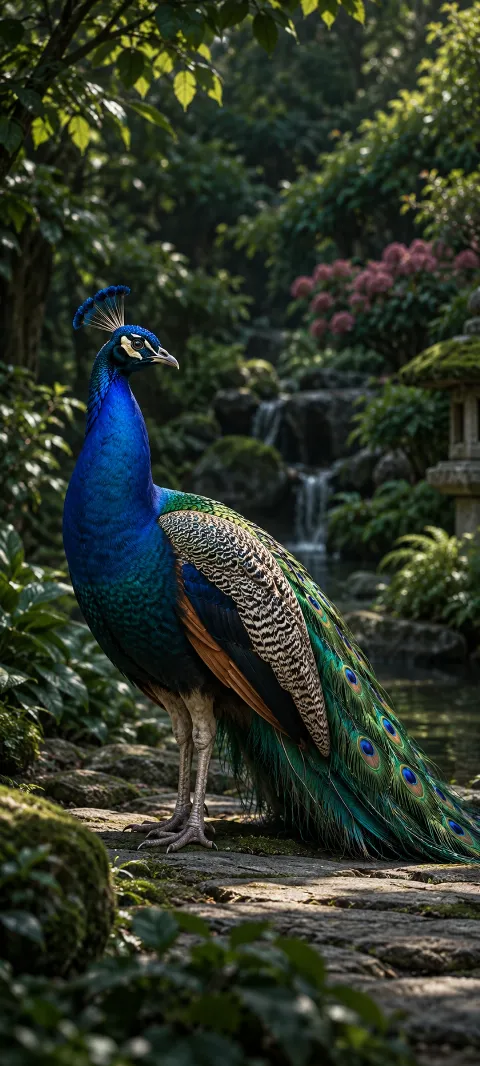 A peacock stands in deep garden shade.