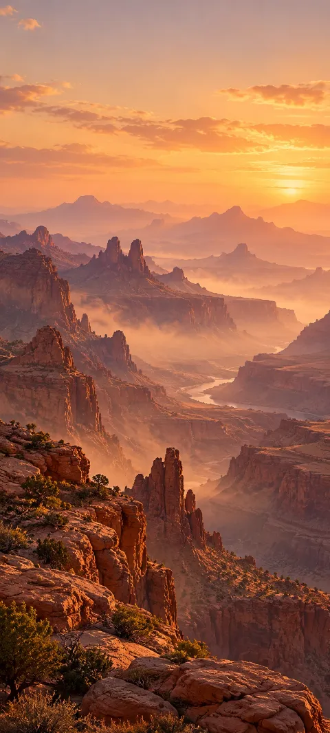 Layered red canyon peaks fade into warm dusty distance.