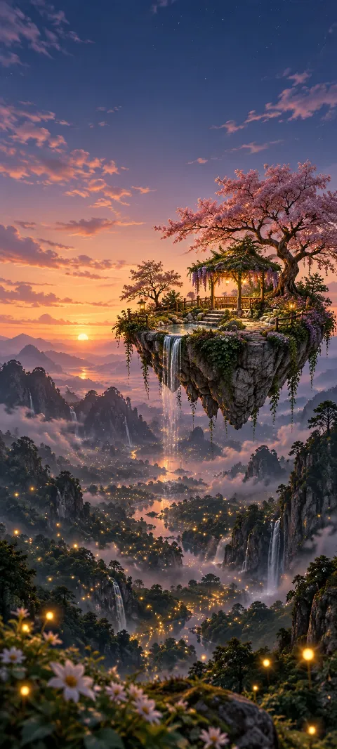 A floating garden glows above a firefly valley.