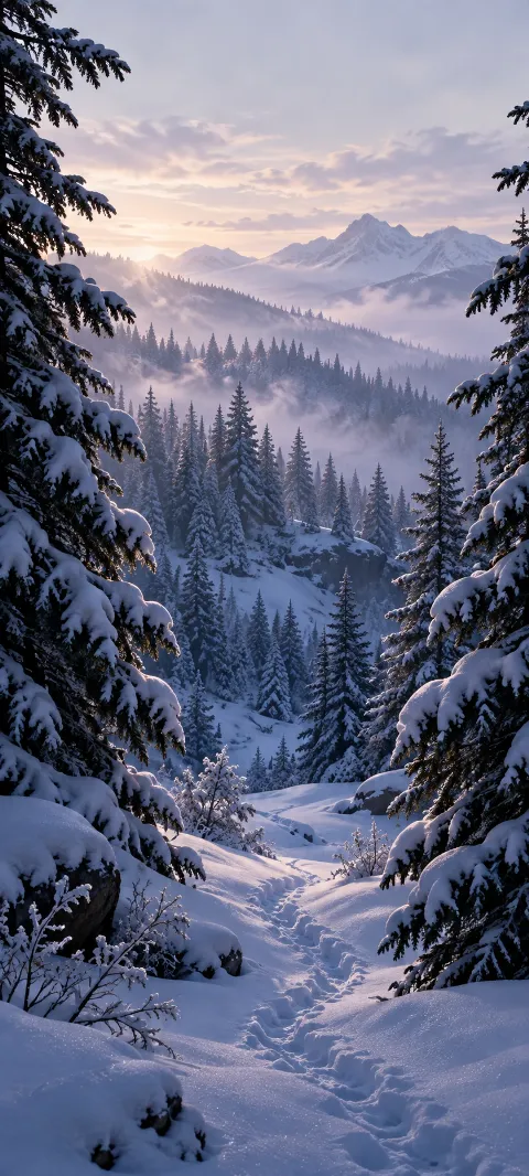 A snowy trail passes between dark pines toward a misty blue forest hollow.