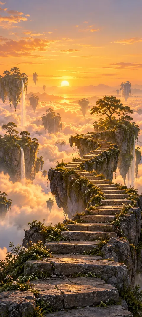 A stone stairway climbs between floating islands in an amber sunset sky.