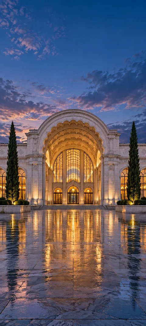 A scalloped marble entrance and cypress trees reflect across a wet plaza at blue dusk.