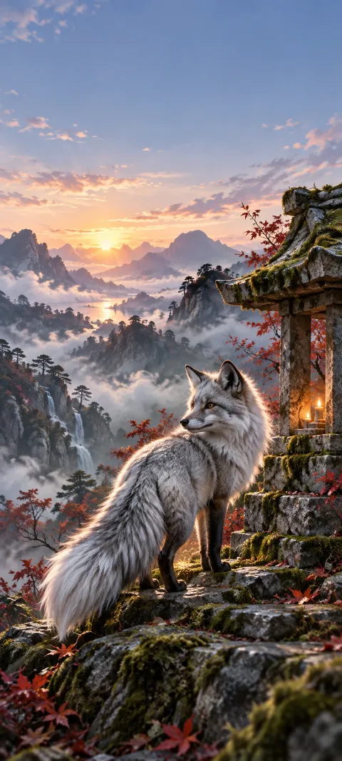 A silver fox pauses beside a stone shrine.