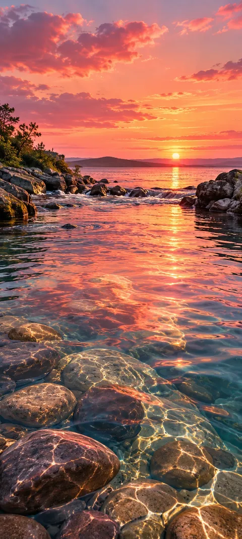 A creek reflects a rose sunset between dark banks.